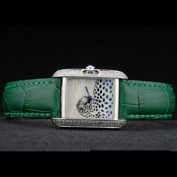 Cartier Tank Anglaise White Tiger Dial Diamonds Steel Case Green Leather Bracelet new59174