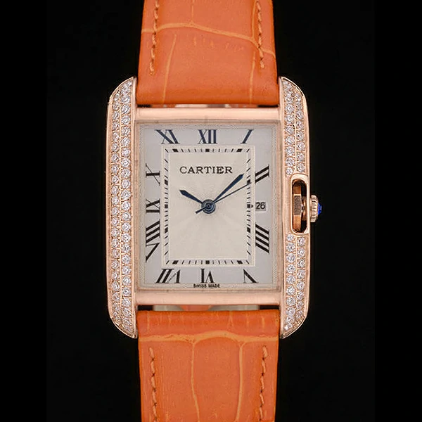 Cartier Tank Anglaise 30mm White Dial Diamonds Gold Case Orange Leather Bracelet new59178