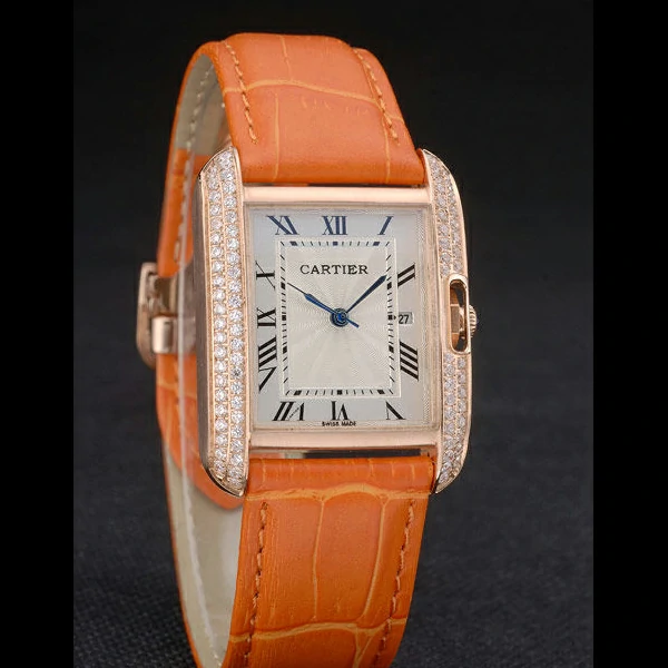 Cartier Tank Anglaise 30mm White Dial Diamonds Gold Case Orange Leather Bracelet new59178