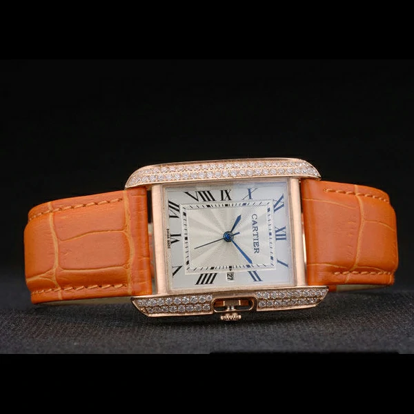 Cartier Tank Anglaise 30mm White Dial Diamonds Gold Case Orange Leather Bracelet new59178