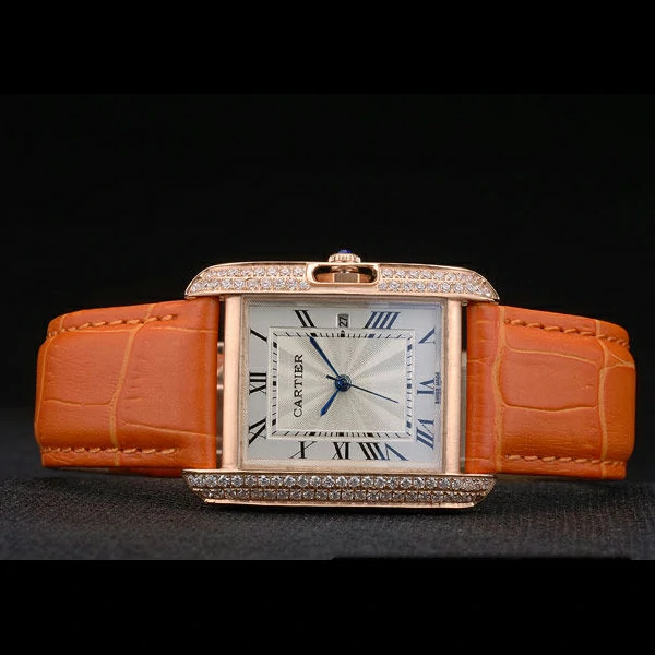 Cartier Tank Anglaise 30mm White Dial Diamonds Gold Case Orange Leather Bracelet new59178