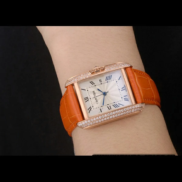 Cartier Tank Anglaise 30mm White Dial Diamonds Gold Case Orange Leather Bracelet new59178