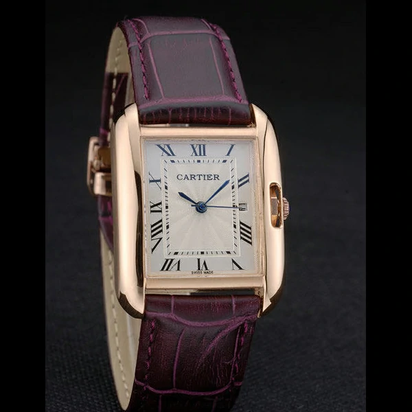 Cartier Tank Anglaise 30mm White Dial Gold Case Purple Leather Bracelet new59180