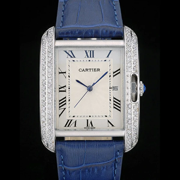 Cartier Tank Anglaise 36mm White Dial Diamonds Steel Case Blue Leather Bracelet new59184