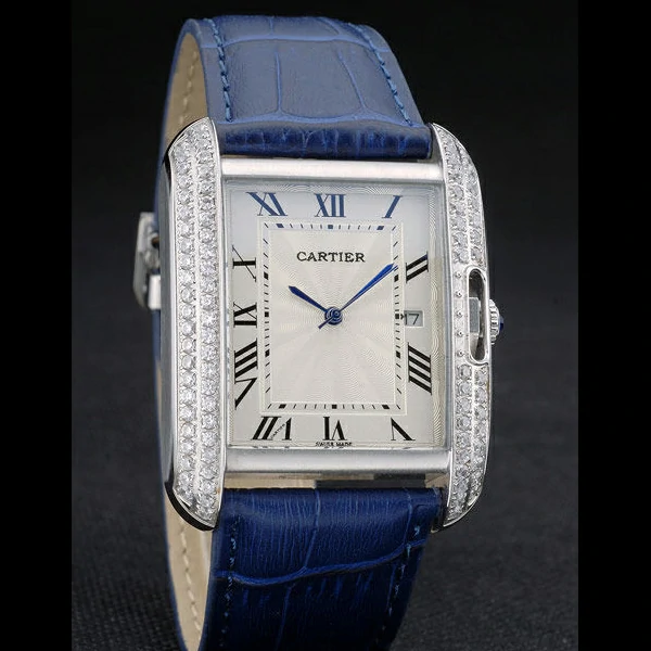 Cartier Tank Anglaise 36mm White Dial Diamonds Steel Case Blue Leather Bracelet new59184