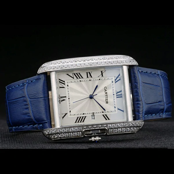 Cartier Tank Anglaise 36mm White Dial Diamonds Steel Case Blue Leather Bracelet new59184