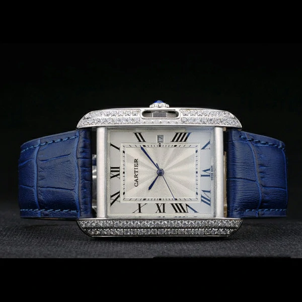 Cartier Tank Anglaise 36mm White Dial Diamonds Steel Case Blue Leather Bracelet new59184