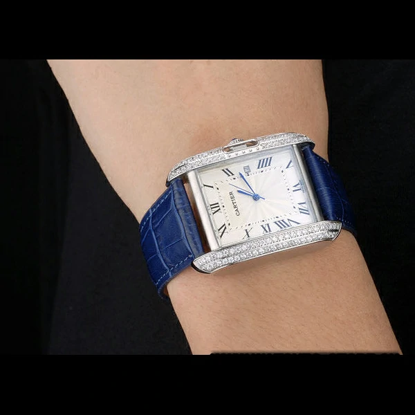 Cartier Tank Anglaise 36mm White Dial Diamonds Steel Case Blue Leather Bracelet new59184