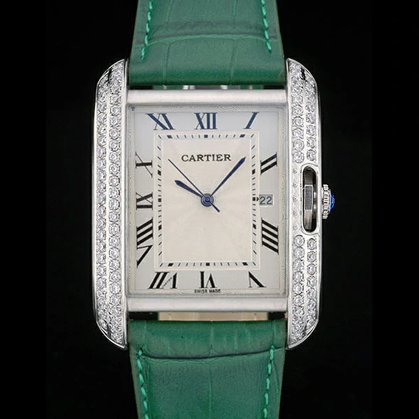 Cartier Tank Anglaise 36mm White Dial Diamonds Steel Case Green Leather Bracelet new59185