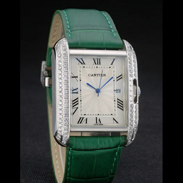 Cartier Tank Anglaise 36mm White Dial Diamonds Steel Case Green Leather Bracelet new59185