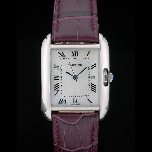 Cartier Tank Anglaise 30mm White Dial Stainless Steel Case Purple Leather Bracelet new59188