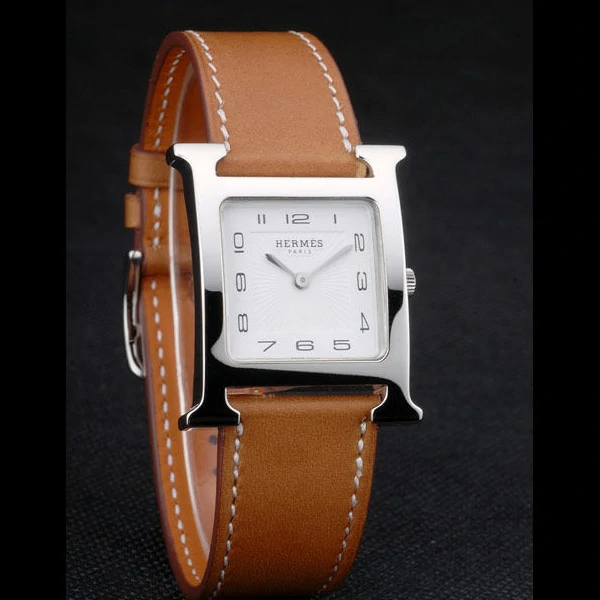 Hermes Heure H Stainless Steel Polished Bezel Tan Leather Strap White Dial new59195
