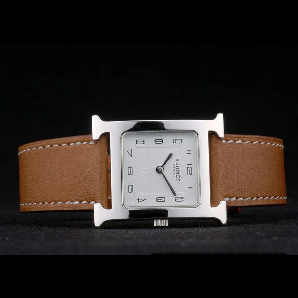 Hermes Heure H Stainless Steel Polished Bezel Tan Leather Strap White Dial new59195