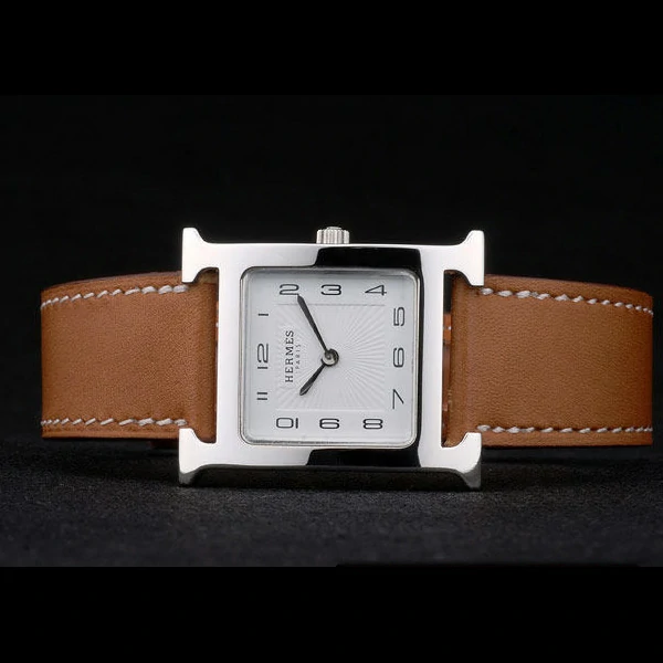 Hermes Heure H Stainless Steel Polished Bezel Tan Leather Strap White Dial new59195