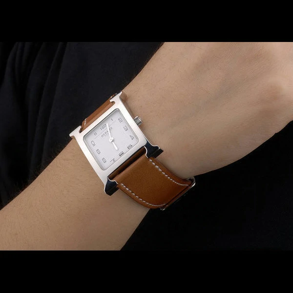 Hermes Heure H Stainless Steel Polished Bezel Tan Leather Strap White Dial new59195