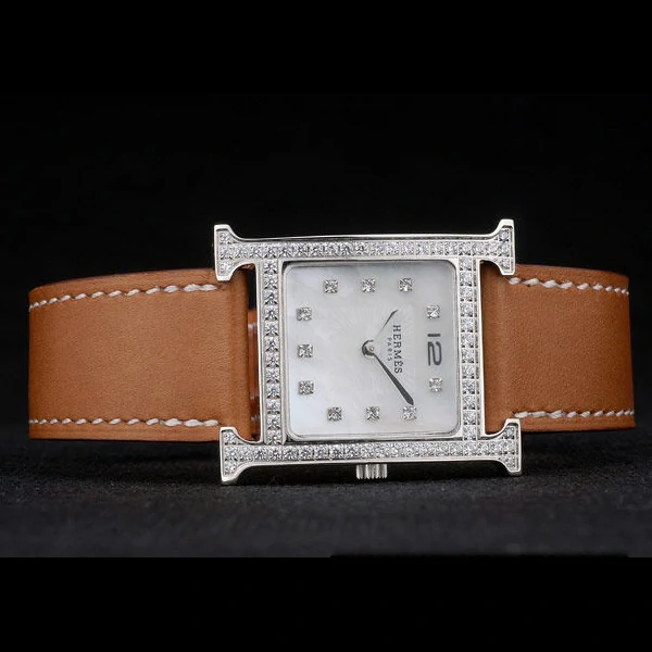 Hermes Heure H Stainless Steel Diamond Encrusted Bezel Tan Leather Strap White Dial new59196