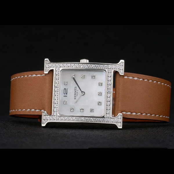 Hermes Heure H Stainless Steel Diamond Encrusted Bezel Tan Leather Strap White Dial new59196