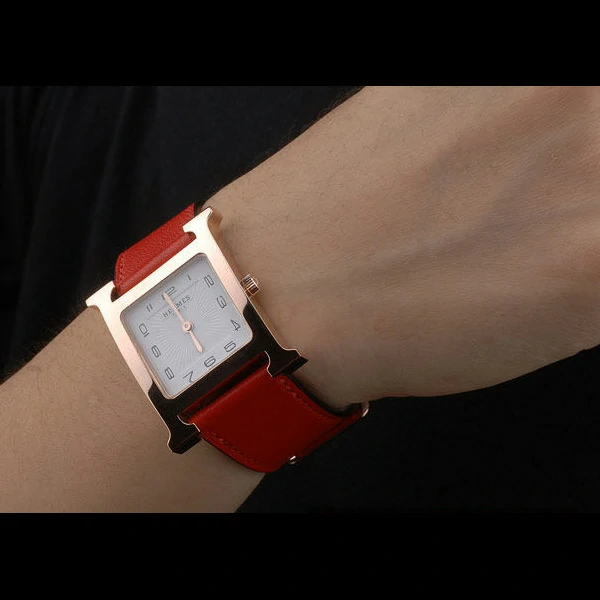 Hermes Heure H Rose Gold Bezel Red Leather Strap White Dial new59197
