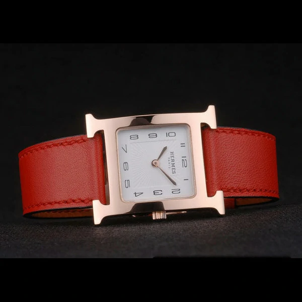 Hermes Heure H Rose Gold Bezel Red Leather Strap White Dial new59197