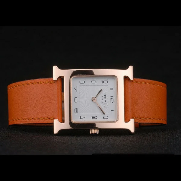 Hermes Heure H Rose Gold Bezel Orange Leather Strap White Dial new59198