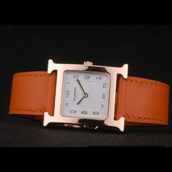 Hermes Heure H Rose Gold Bezel Orange Leather Strap White Dial new59198