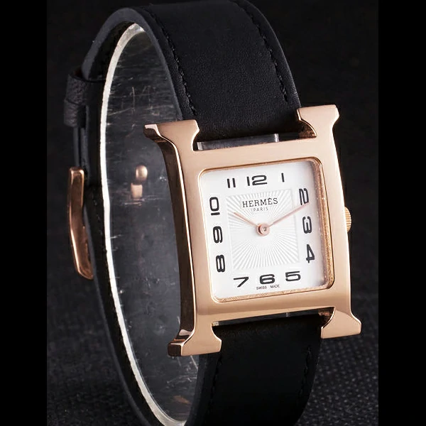 Hermes Heure H Rose Gold Bezel Black Leather Strap White Dial new59199