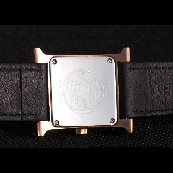Hermes Heure H Rose Gold Bezel Black Leather Strap White Dial new59199