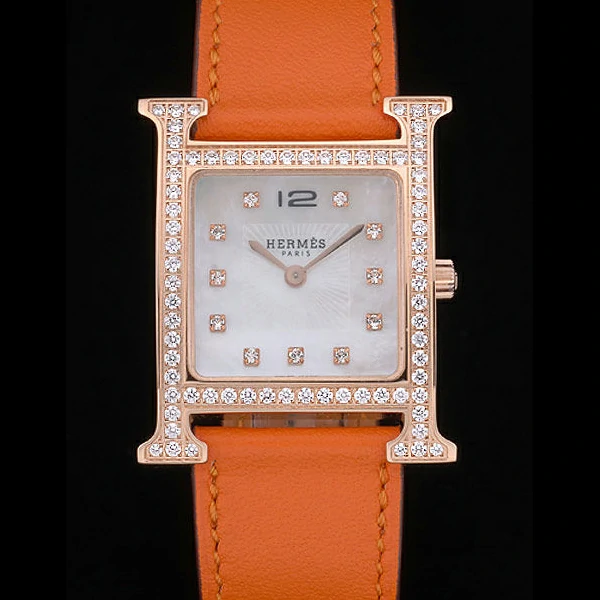 Hermes Heure H Rose Gold Diamond Encrusted Bezel Orange Leather Strap White Dial new59201