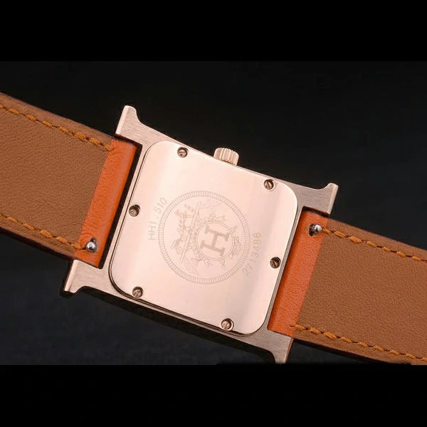 Hermes Heure H Rose Gold Diamond Encrusted Bezel Orange Leather Strap White Dial new59201