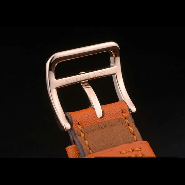 Hermes Heure H Rose Gold Diamond Encrusted Bezel Orange Leather Strap White Dial new59201