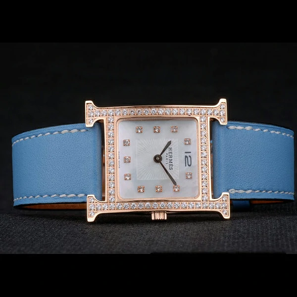 Hermes Heure H Rose Gold Diamond Encrusted Bezel Blue Leather Strap White Dial new59202