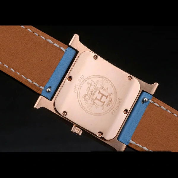 Hermes Heure H Rose Gold Diamond Encrusted Bezel Blue Leather Strap White Dial new59202