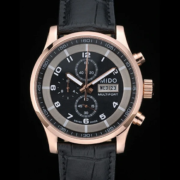 Mido Multifort Rose Gold Stainless Steel Bezel Black Croco Leather Bracelet Black Dial new59225