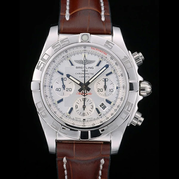 Breitling Certifie Stainless Steel Bezel Brown Croco Leather Bracelet White Dial new59231