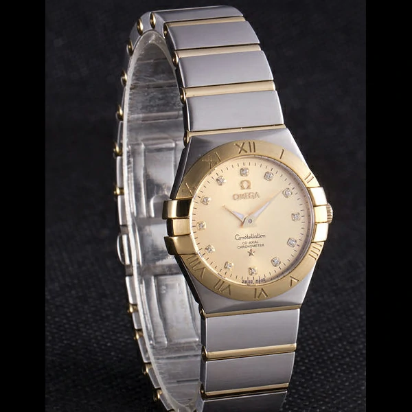 Lady Omega Constellation Stainless Steel Bracelet Golden Dial new59238