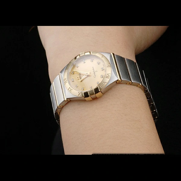 Lady Omega Constellation Stainless Steel Bracelet Golden Dial new59238