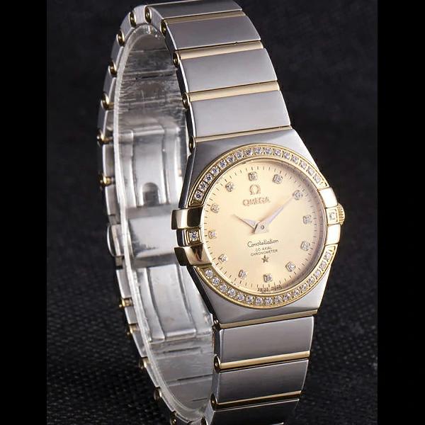 Lady Omega Constellation Crystal Encrusted Bezel Golden Dial new59239