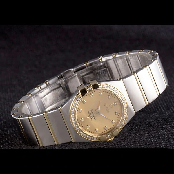 Lady Omega Constellation Crystal Encrusted Bezel Golden Dial new59239