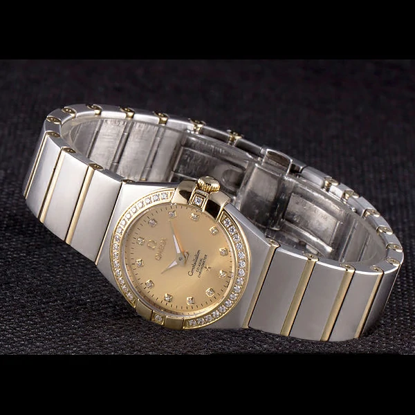Lady Omega Constellation Crystal Encrusted Bezel Golden Dial new59239