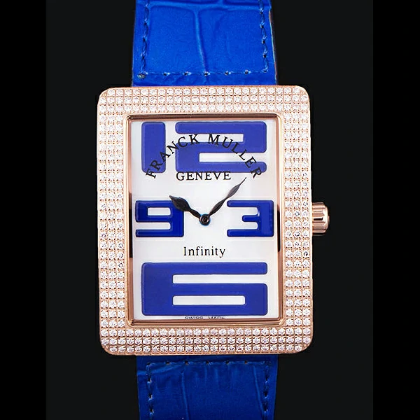 Franck Muller Infinity Diamond Encrusted Rose Gold Bezel Blue Croco Bracelet new59291