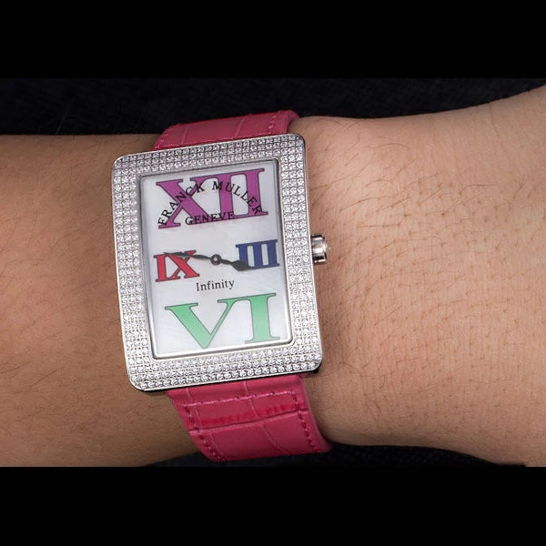Franck Muller Infinity Diamond Encrusted Rose Gold Bezel Pink Croco Bracelet new59292