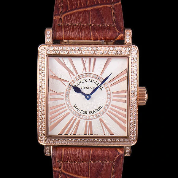 Franck Muller Master Square Diamond Encrusted Rose Gold Bezel Brown Croco Bracelet new59297