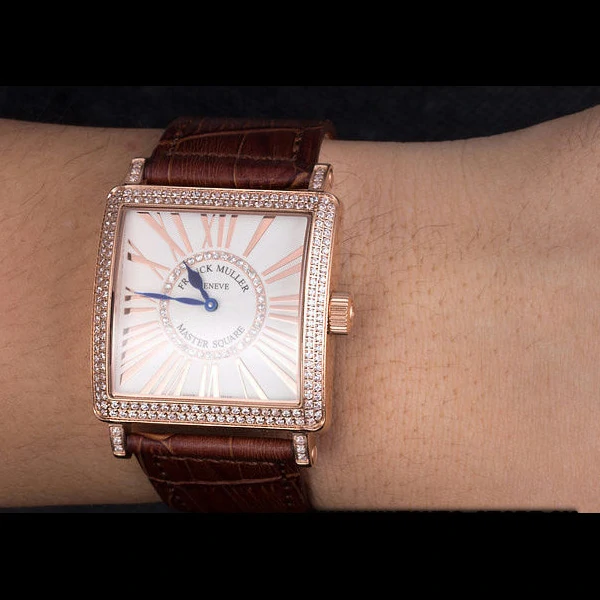 Franck Muller Master Square Diamond Encrusted Rose Gold Bezel Brown Croco Bracelet new59297