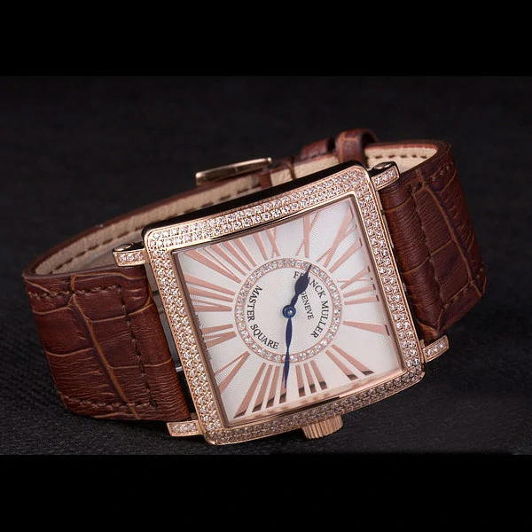 Franck Muller Master Square Diamond Encrusted Rose Gold Bezel Brown Croco Bracelet new59297