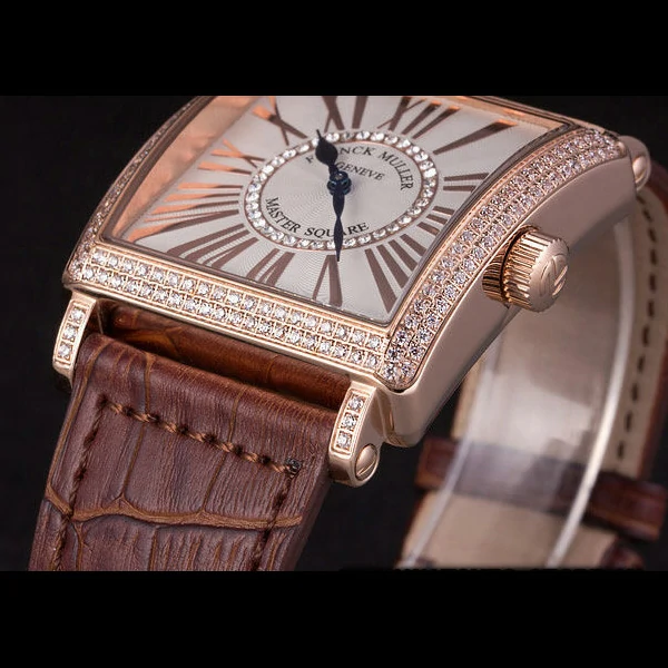 Franck Muller Master Square Diamond Encrusted Rose Gold Bezel Brown Croco Bracelet new59297