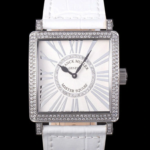 Franck Muller Master Square Diamond Encrusted Stainless Steel Bezel White Croco Bracelet new59298