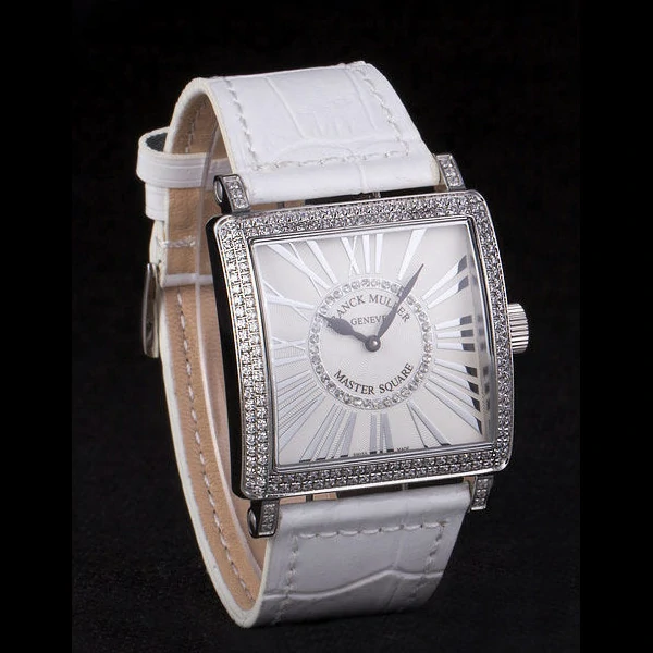 Franck Muller Master Square Diamond Encrusted Stainless Steel Bezel White Croco Bracelet new59298