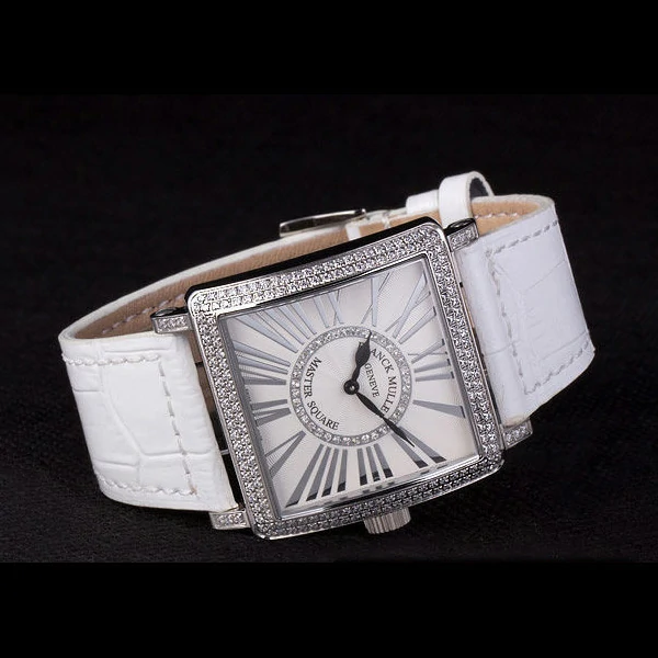 Franck Muller Master Square Diamond Encrusted Stainless Steel Bezel White Croco Bracelet new59298