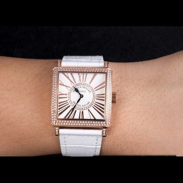 Franck Muller Master Square Diamond Encrusted Rose Gold Bezel White Croco Bracelet new59299