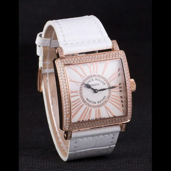 Franck Muller Master Square Diamond Encrusted Rose Gold Bezel White Croco Bracelet new59299